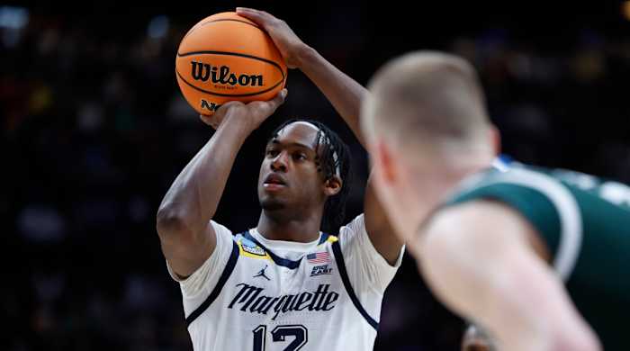 Marquette Golden Eagles forward Olivier-Maxence Prosper shoots the ball in the first half against the Michigan State Spartans.